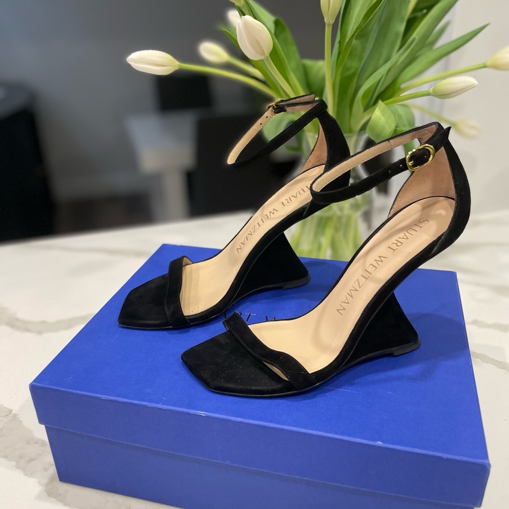 Stuart Weitzman Nudistrebel Sandal Heels in Black Suede - Size 7 Made in Spain